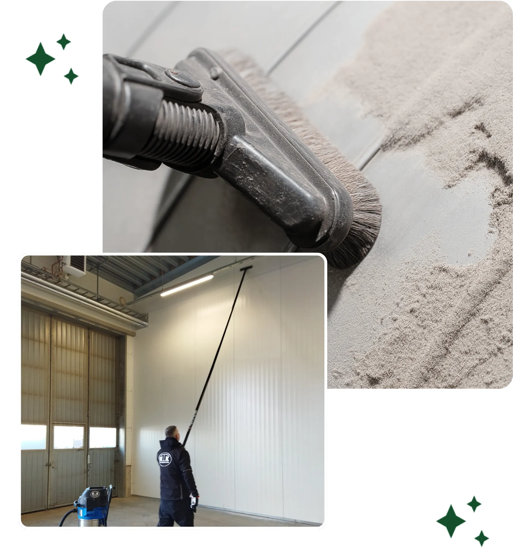 Man från HK Cleaning utför industristädning på hög höjd med en SpaceVac